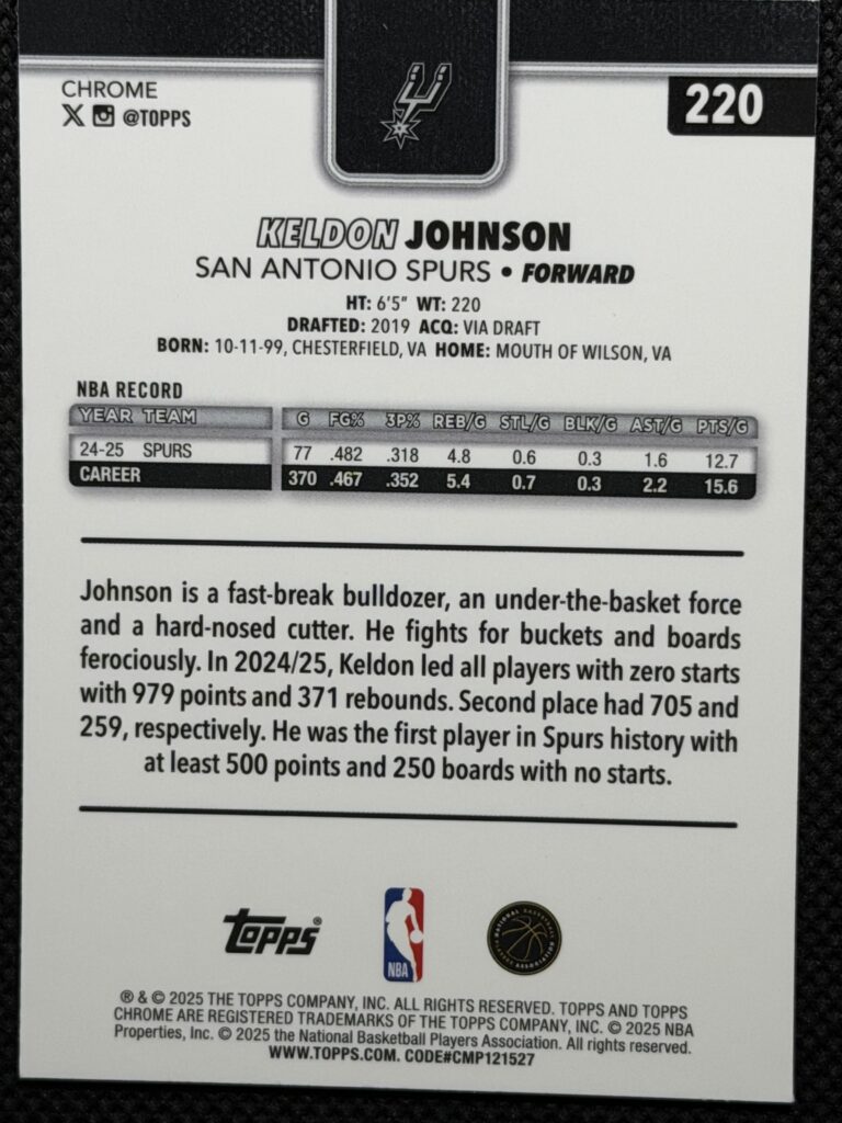 2025 Topps Chrome Keldon Johnson X-Fractor - Back